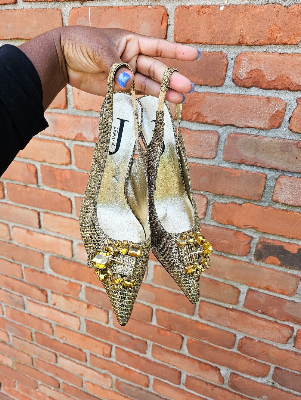 J.Renee Gold Jeweled Slingback Pointed Toe Pumps Rhinestone Heels 8M